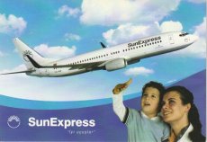 Airline issue postcard - Sun Express Boeing 737 TC-SUI - Stewardess & Child