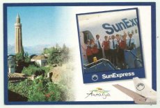 Airline issue postcard - Sun Express Boeing 737 - Crew Stewardess - Antalya advertisement