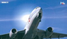 Airline issue postcard - JAL Japan Airlines Boeing 777-200 take off